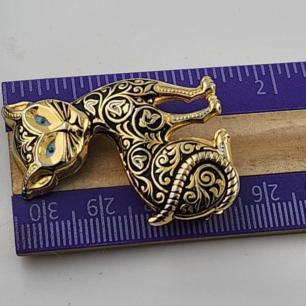 Vintage Spanish Damascene‎ Cat Enamel Brooch